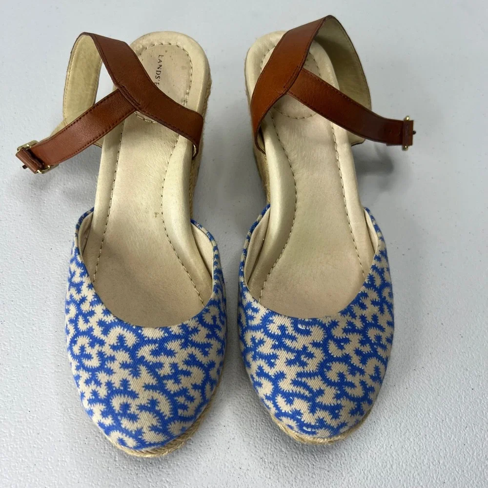 Lands' End Cara Espadrille Wedge Slingback Sandals Ankle Strap Blue Cream Size 7